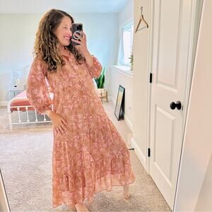 Mango Pink Orange Floral Long Sleeve Maxi Dress 6
